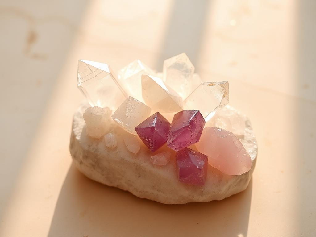Natural healing crystal cluster on cream stone surface