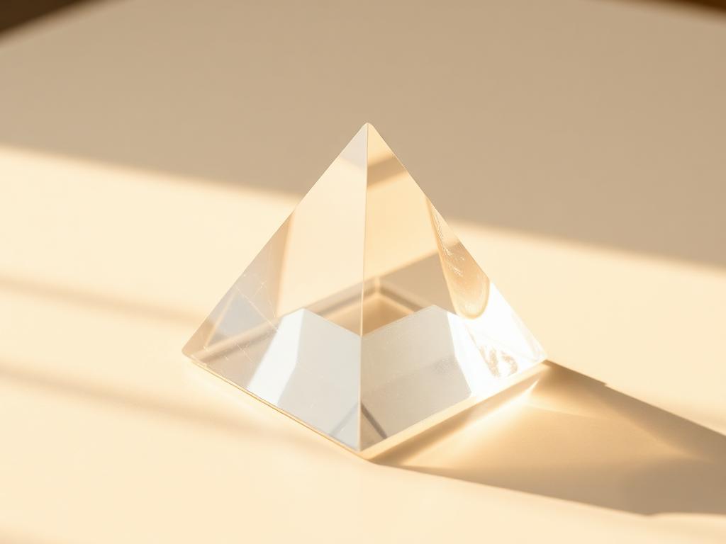 Clear crystal pyramid on ivory surface refracting warm light