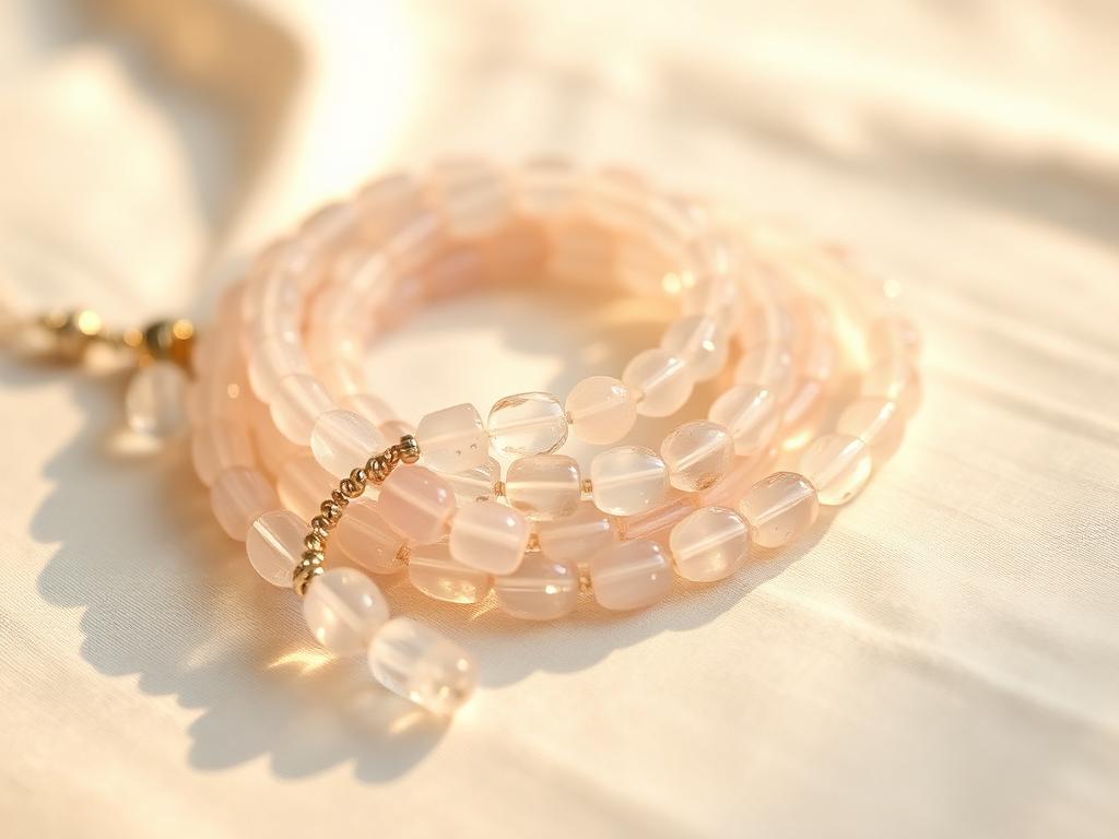 Clear quartz sphatik bead mala coiled on ivory silk