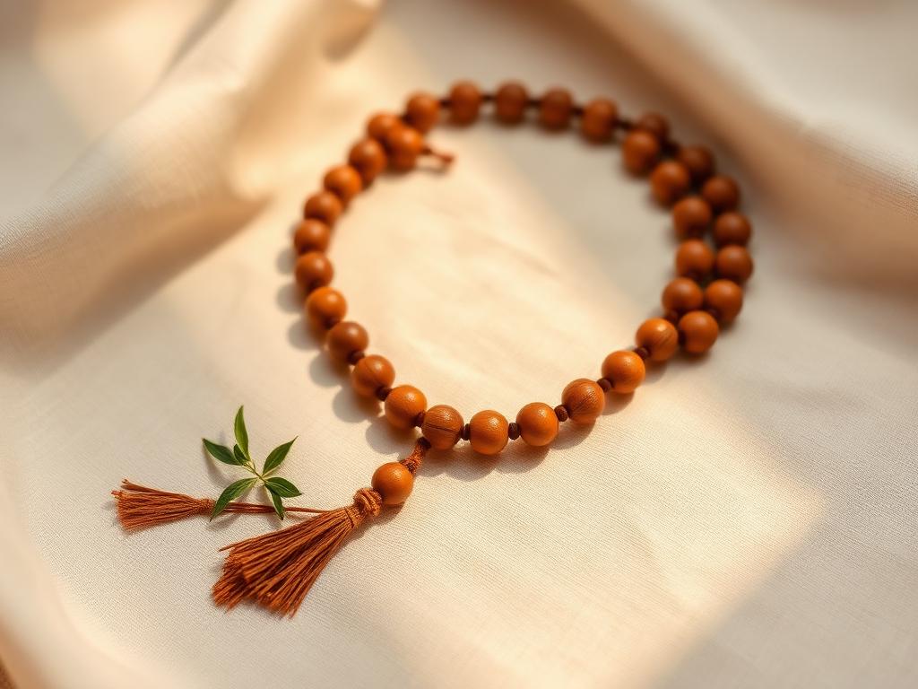 Tulsi wood bead mala with tulsi leaves on ivory cloth